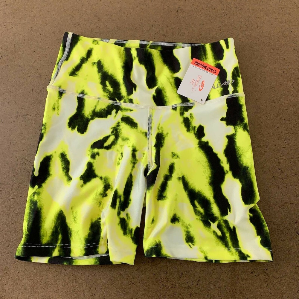 Babalú Womens Activewear Shorts Yellow Black Tie Dye Stretch Pull On OS New